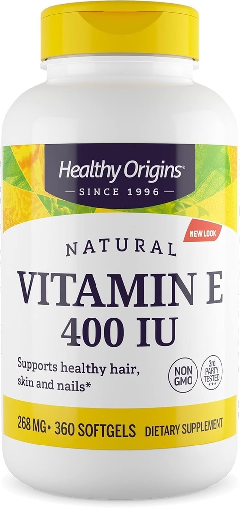 Healthy Origins Vitamin E 400 IU (Natural, Non-GMO, Gluten Free, Skin Support, Cardiovascular Support), 360 Softgels