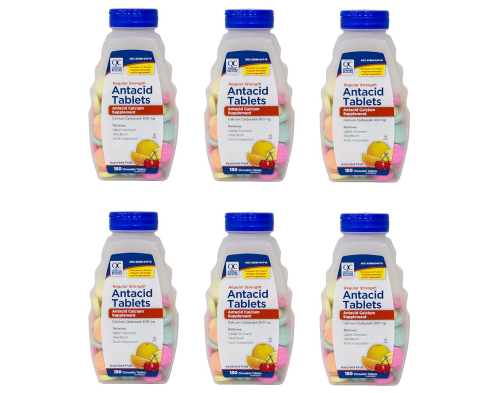 Quality Choice Regular Strength Calcium Carbonaat 500 mg Antacida kauwtabletten, 150 Tel - Verpakking van 6