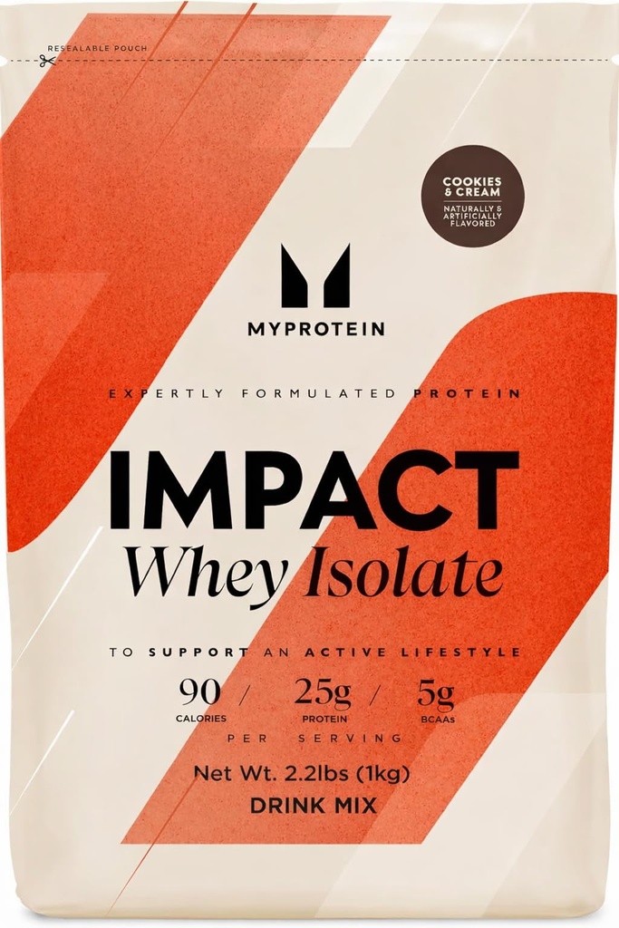 Myprotein Impact Whey Protein Isolate, 2.2 Lbs (40 Servings) Cookies & Cream, 19g Protein, 3.5g Glutamine & 4.5g BCAA Per Serving, Protein Shake for Muscle Strength & Recovery