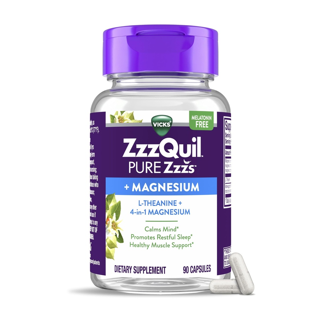 ZzzQuil Pure Zzzs, +Magnesium Capsules, L-Theanine en Magnesium, Slaaphulp, 4-in-1 Magnesium: Citrate, Bisglycinaat, Oxide, en Carbonaat, Slaapmiddelen voor volwassenen, 90 slaapcapsules