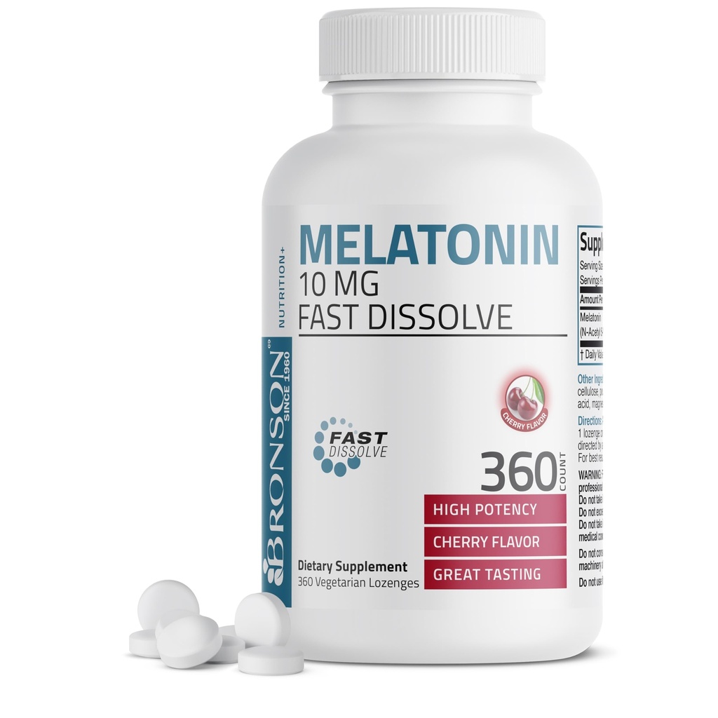 Bronson Melatonine 10mg Fast Solution Cherry Flavored Tablets Vegetarische Chewable Lozenges, 360 Tellen