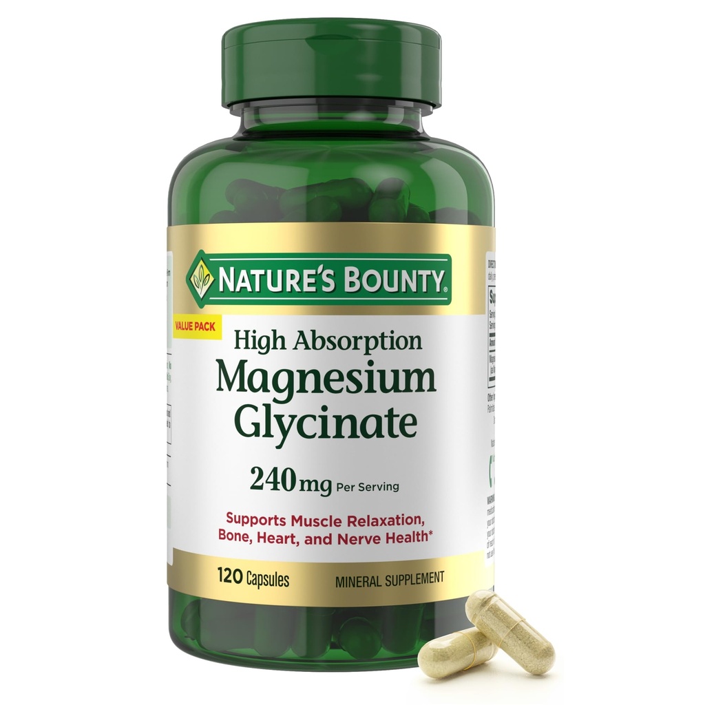 Nature’s Bounty High Absorption Magnesium Glycinate 240 mg Capsules, 120 ct