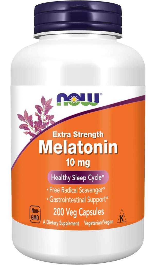 NOW Foods Supplements, Melatonin, Extra Strength 10 mg, Free Radical Scavenger*, Healthy Sleep Cycle*, 200 Veg Capsules