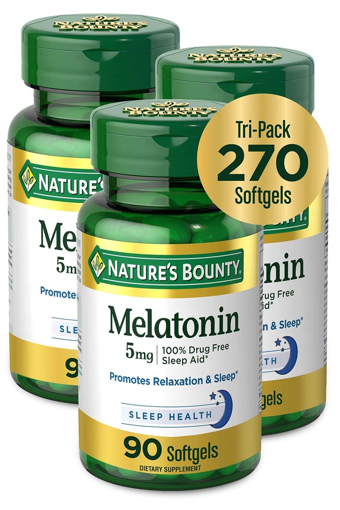 Nature's Bounty Melatonine 100% Drug gratis slaaphulp, Dieetsupplement, bevordert ontspanning en slaap gezondheid, 5 mg, 90 Telling, Pack of 3