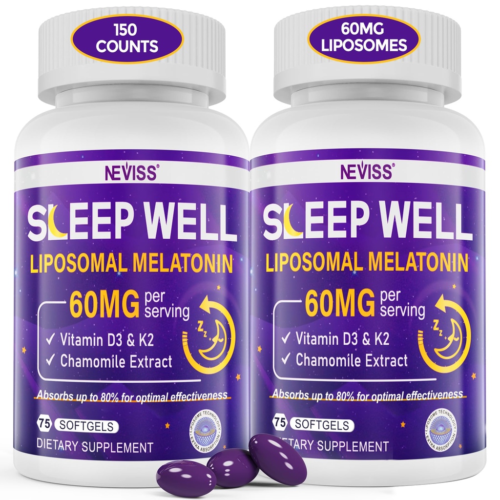 Melatonine 60 mg voor volwassenen Hoge dosis, ondersteunt diepe rust & hersenen cognitie, extra sterkte liposomaal Melatonine met vitamine D3 K2, kamille, voor geluid Zzz cyclus, Immune & Antioxidant, 150 Softgels