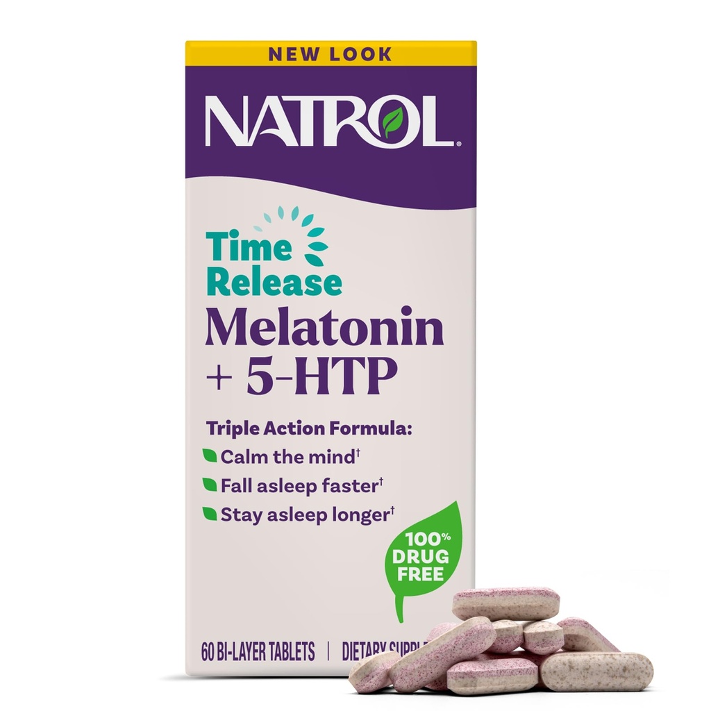 Natrol Melatonine + 5-HTP Tijd release slaaphulp, drievoudige actie formule, kalmeren de geest, vallen slapen sneller en blijven slapen langer, 60 bi-layer tabletten, tot een 60-daagse levering