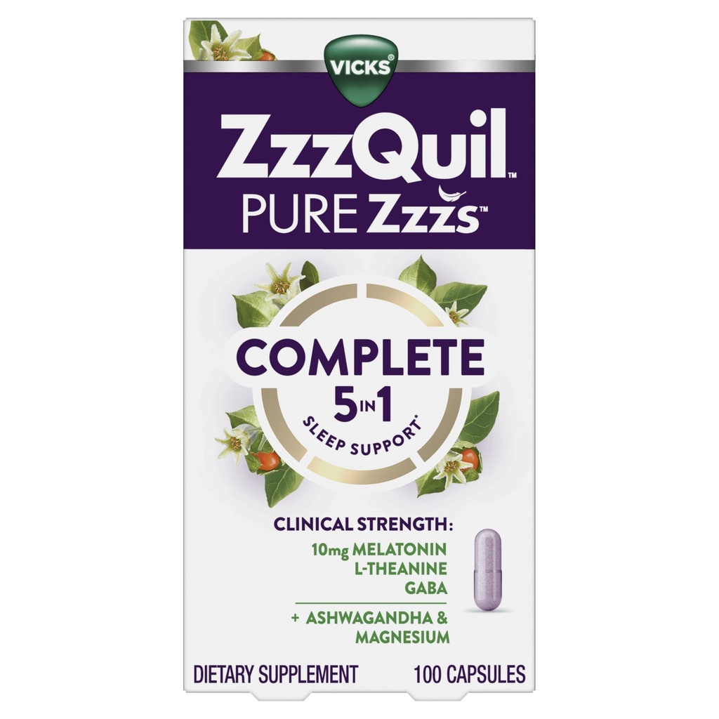 ZzzQuil Pure Zzzs Complete Slaap, Melatonine 10mg, L-Theanine, GABA, met Ashwagandha, en Magnesium, Melatonine Slaaphulp, 100 Tellen