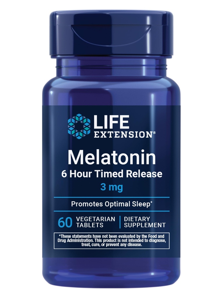 Levensverlenging Melatonine 6 uur bedenktijd, 3 mg, Extended-Release Formula voor optimale slaapondersteuning, gezonde circadiane ritmes, Cellular Defense, Gluten-Free, Non-GMO, Vegetarisch, 60 tabletten