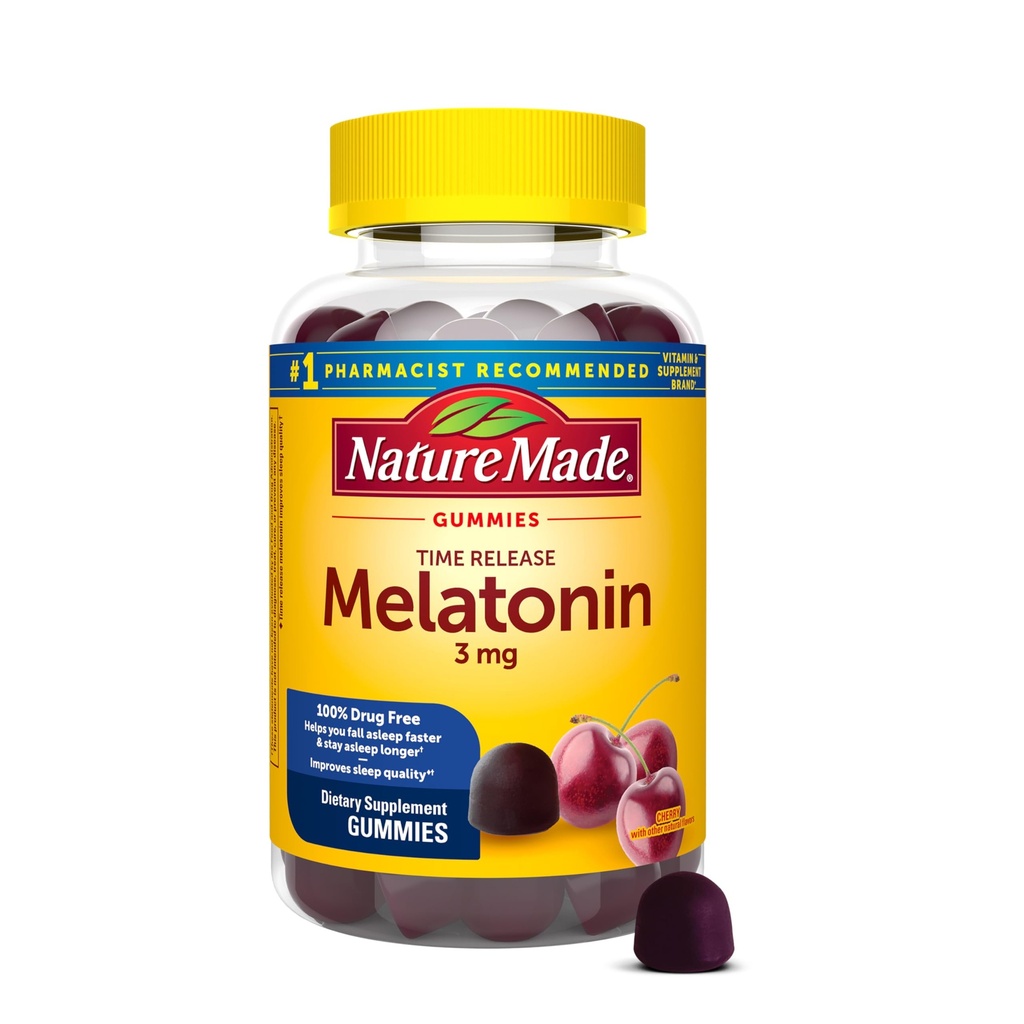 Nature Made Time Release Melatonine 3mg Gummies, 100% Drug Gratis slaaphulp voor volwassenen, 60 Melatonine Gummies, 60 Day Supply