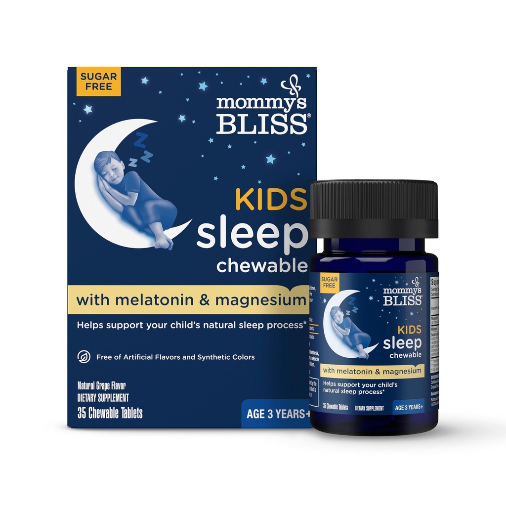 Mama's Bliss Kids Slaap Kauwtabletten, Melatonine, Magnesium & Calming Kruiden, Druivensmaak, Suikervrije Kids Melatonine, Leeftijd 3+ (35 Servings), 35 Tellen (Pack of 1)