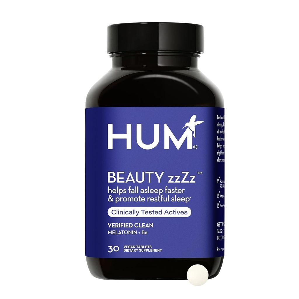 HUM Beauty zzZz Melatonine Sleep Supplement voor volwassenen met Melatonine 3mg, Vitamine B6 en Calcium, Veganistisch, Glutenvrij, Niet GGO-Sleep Support Tablets voor volwassenen en Beauty Rest, 30 Vegan tabletten