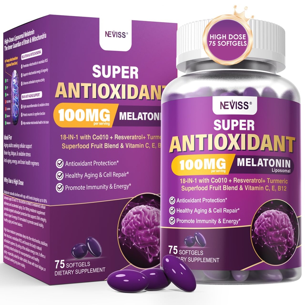 Melatonine 100 mg voor Antioxidant & Cognitive Health, Ultra High Dose Melatonine met CoQ10, Kurkuma, Trans-Resveratrol, Vitamine B12 C E voor Hersenen Anti-Aging, Cellular Repair and Energy, 75 Softgels