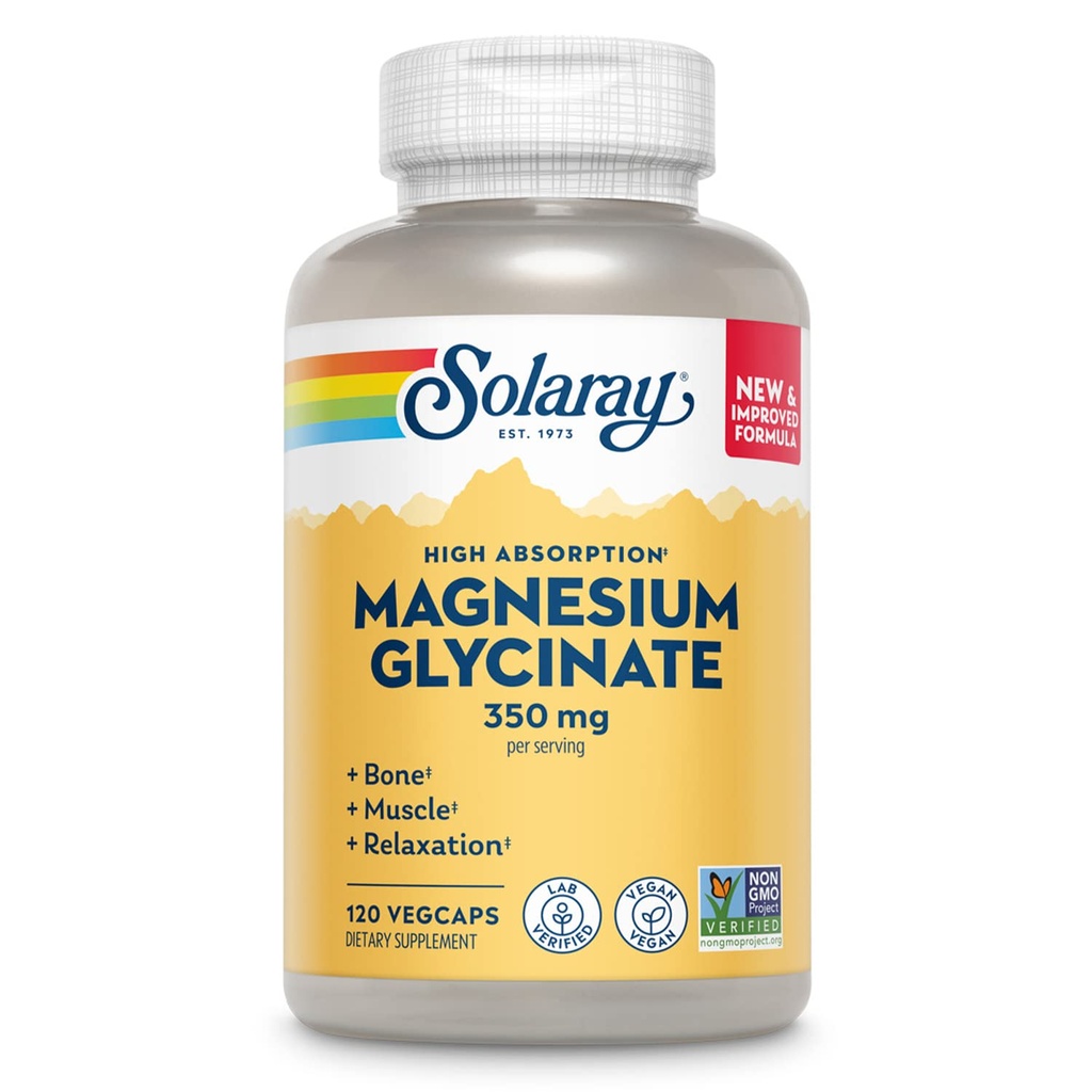 SOLARAY Magnesium Glycinate Capsules, chelated Magnesium Bisglycinate w/BioPerine, Higher Absorptie Magnesium Supplement - Bones, Muscles, Heart Support, Vegan (30 Servings, 120 VegCaps)