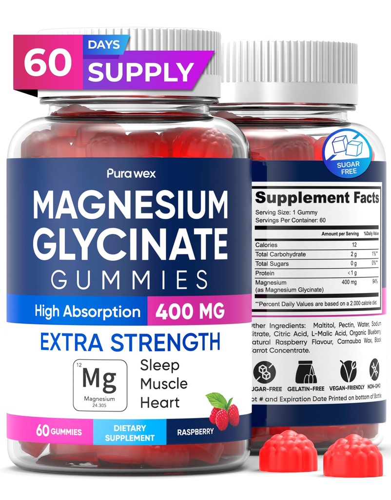 Magnesium Glycinate Gummies 400mg, Hoge Absorptie Magnesium Supplement voor Vrouwen, Mannen en Kinderen, Spierondersteuning en Ontspanning, Suikervrij, Veganistisch, 60 Days Supply
