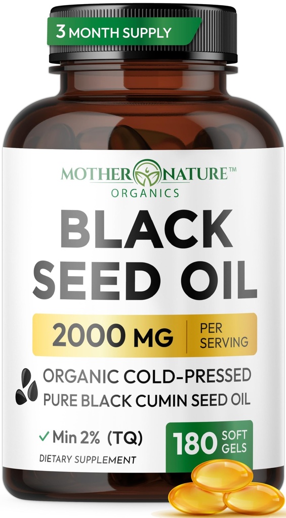 Black Seed Oil Capsules 2000mg Per Serving, Organic Cold Pressed Black Cumin, High TQ, Immune & Joint Support, 180 Tellen (3 maanden Supply)