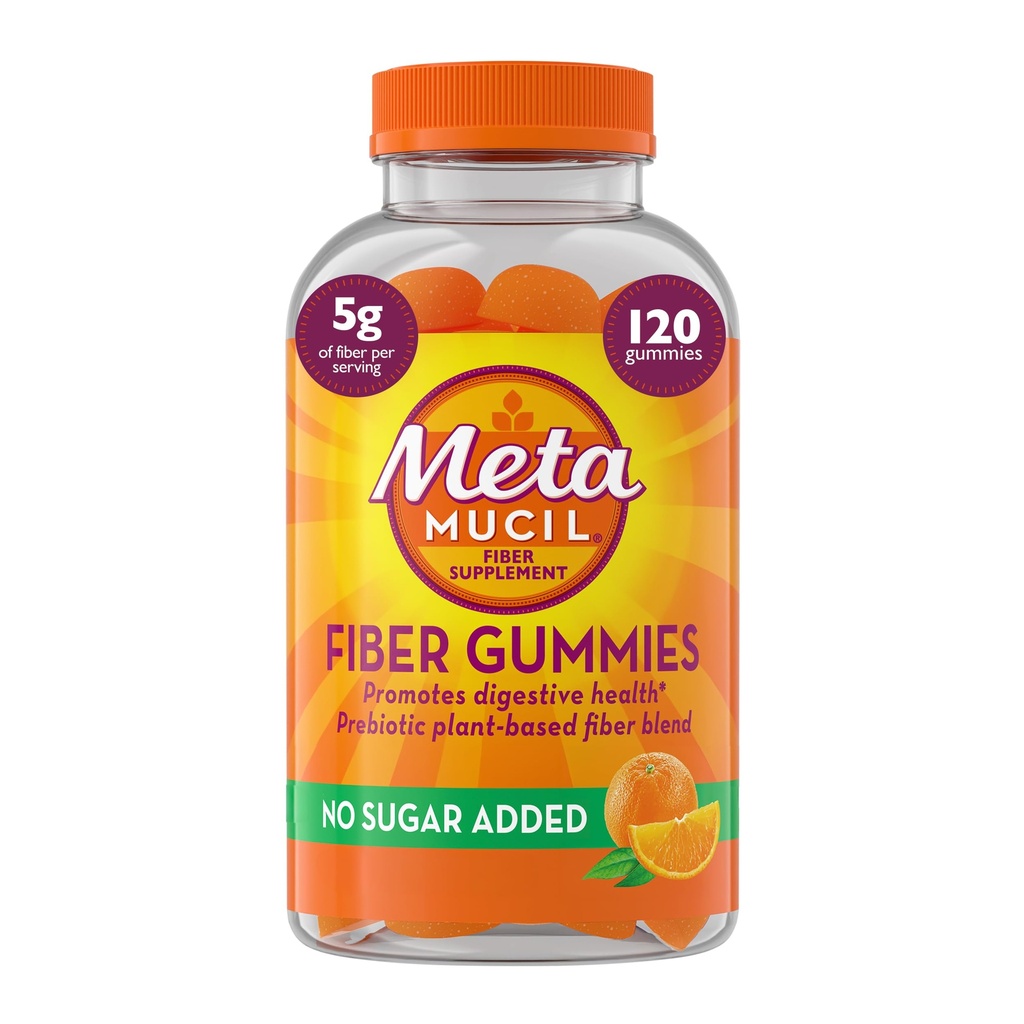 Metamucil Fiber Gummies for Adults, No Sugar Added Orange Flavor, 5g Prebiotic Plant Based Fiber Supplement Blend, 120 Count