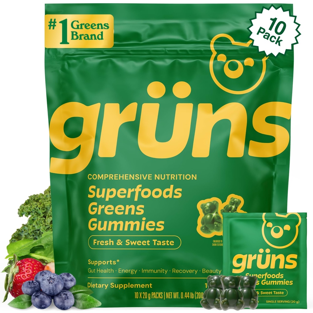 Gruns Adults Super Greens Gummies, Multivitamine Superfood Gummy Bears, Spirulina, Chlorella, Prebiotica & Fiber Gummies for Digestive Health, Adaptogens Supplement, 20 Vitaminen & Minerals, 10 Tellen