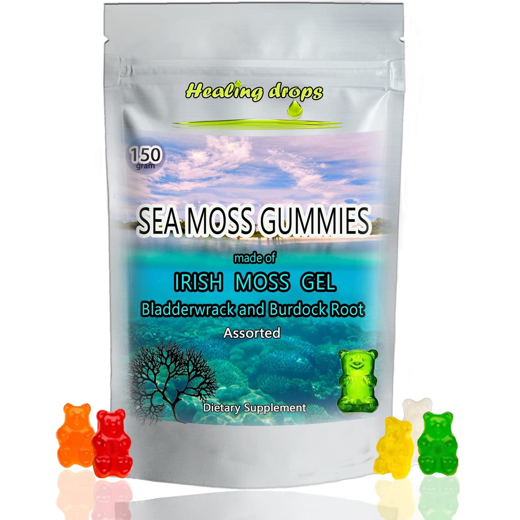 Sea Moss Gummies - Irish Sea Moss - Raw Organic Wildcrafted Sun-Dried Seamoss Powder and Gel - with Bladderwrack Burdock Root 
