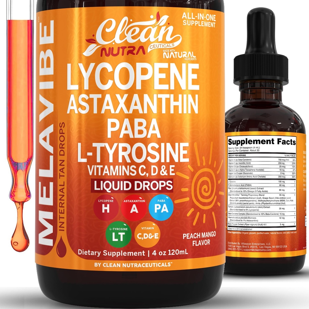 MelaVibe Internal Tanning Drops Supplement Astaxanthin Lycopene PABA L-Tyrosine Beta Carotene Grape Seed Polypodium Leucotomos MSM Gotu Kola Amla Copper Selenium Skin Radiance by Clean Nutra 4 Fl Oz