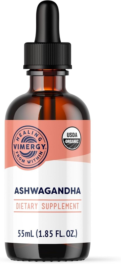 Vimergy USDA Organic Ashwagandha Liquid Extract  Stress Adaptogen, Cognitieve & Slaapondersteuning. Alcoholvrij, niet-GMO (55 ml)