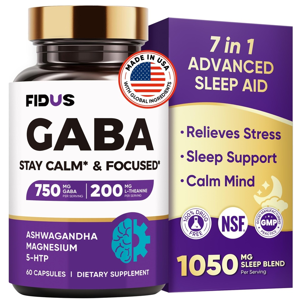 GABA L-Theanine Ashwagandha - 1050mg Blend - Made in USA - Advanced Sleep Aid & Calm- Magnesium, 5-HTP, Vitamine B6 & B12, GABA (Gamma Aminoboterzuur) Supplement - Melatonine-Free & Non-Habit Forming