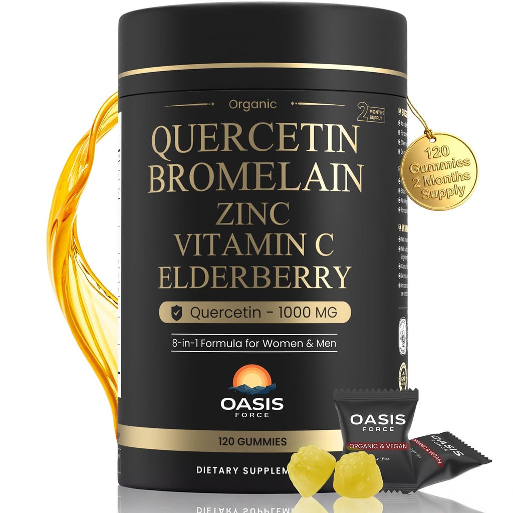8-in-1 Quercetine met Bromelain Gummies 1000mg, High Potency Organic Quercetine Supplement met Zink & Vitamine C, Vlierbes, Seizoensgebonden Wellness & Immune Support, Vegan, Suikervrij, 120 Gummies