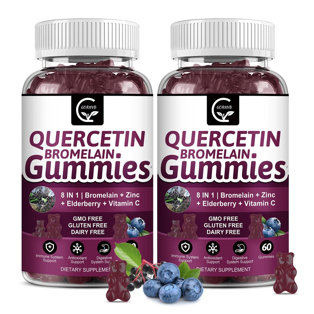 (2 Pack) Quercetine Gummies - Quercetine met Bromelain 2378mg - Blend with Elderberry, Echinacea Purpurea Extract, Zink, Vitamine C,D3,K2, Complex ondersteunt Immuun, Cardiovasculaire en Ademhalingsfunctie