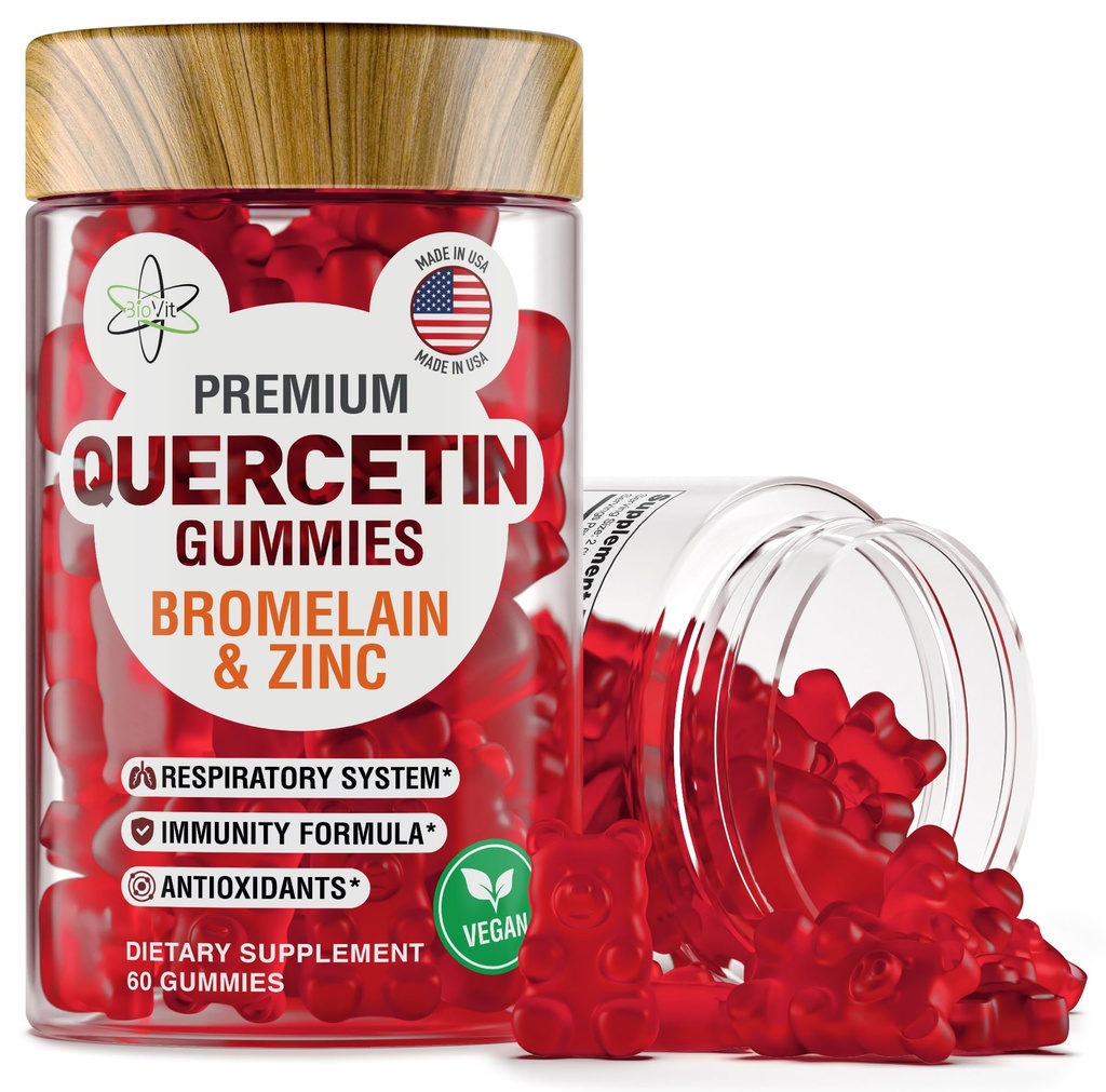 BioVit Quercetin Gummies 500MG - Geactiveerde quercetine voor kinderen & volwassenen immuunsysteem & Allergie - Kauwbaar met bromelaïne, zink, vitamine C, vitamine D3 - Made in USA - 60 Vegan Gummy Bears
