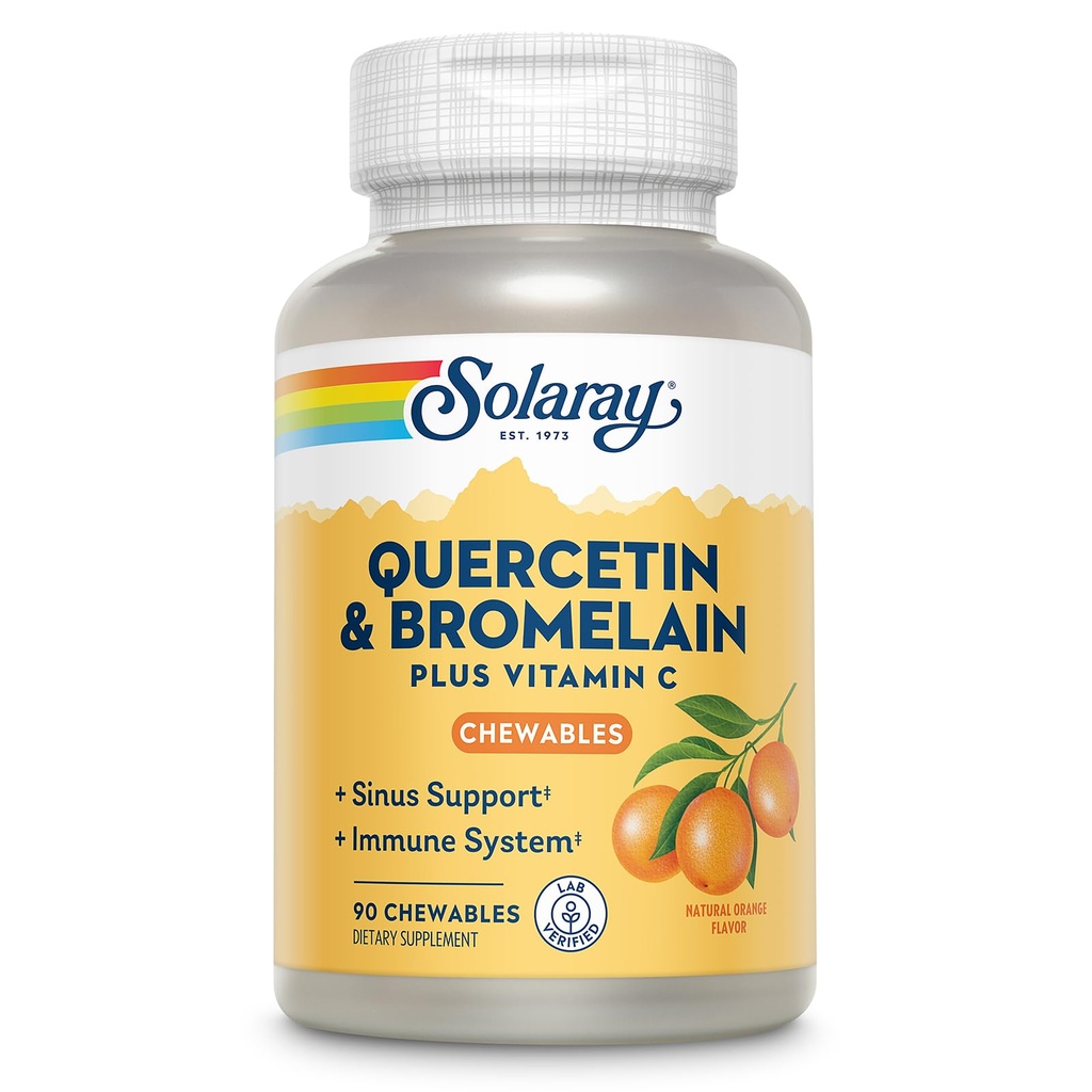 SOLARAY Quercetin met bromelaïne en vitamine C kauwtabletten - Immuun Ondersteuning Supplement - Immuun verdediging en hart gezondheid Complex met 1250mg Vit C, natuurlijke sinaasappel smaak, 60-dagen garantie, 30 Serv, 90ct