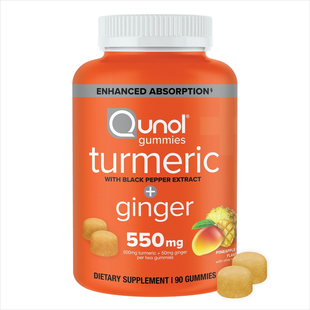 Qunol Kurkuma en gember met zwarte peper Gummies, Kurkuma Curcumin Supplement, Joint Health Support Gummy, 90ct Gummies