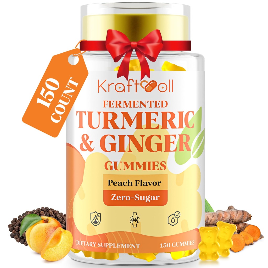 5 maanden levering Kurkuma en gember Gummies met zwarte peper, gefermenteerd Kurkuma voor gezamenlijke comfort & mobiliteit, suikervrije met vitamine D3 + K2, natuurlijke perzik smaak en 150 Gummies