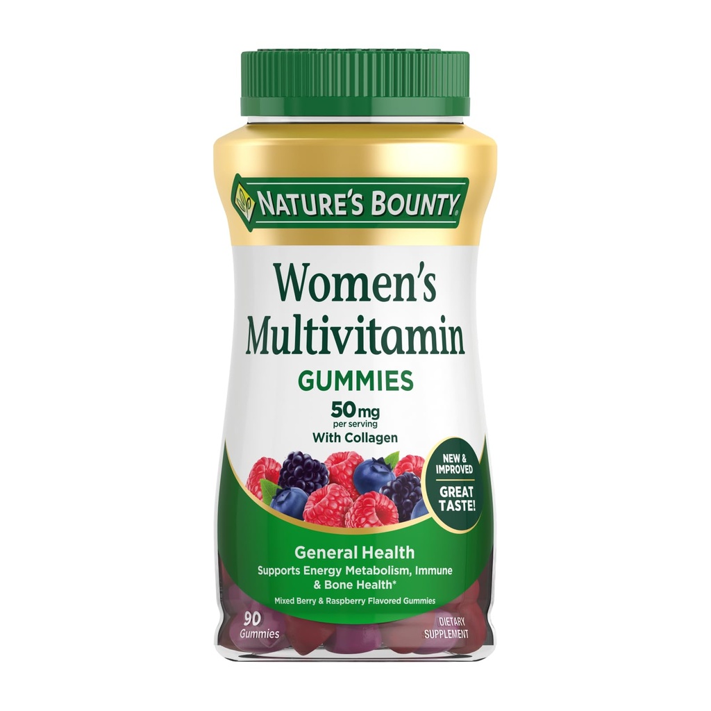 Nature's Bounty Vrouwen Multivitamine Gummies, Vitamine Supplementen voor Volwassenen, Algemene Gezondheid, Ondersteunt Immune en Bone Gezondheid, Gemengde Bessen en Raspberry Flavored, 90 Gummies