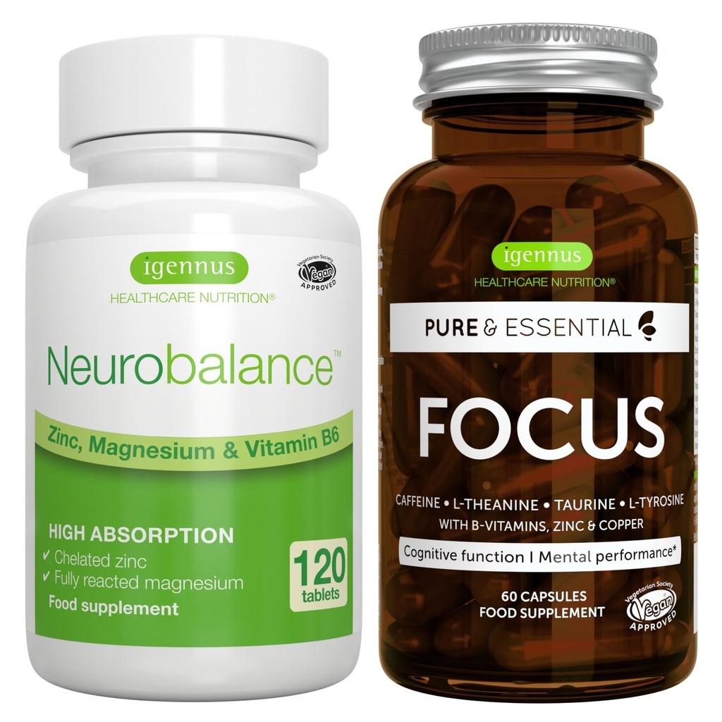 Neurobalans + Focus Brain Booster Vegan Bundle, Hoge Absorptie Zink Magnesium & B6 + Cafeïne, Aminozuren & Gemethyleerde B-Vitaminen, door Igennus