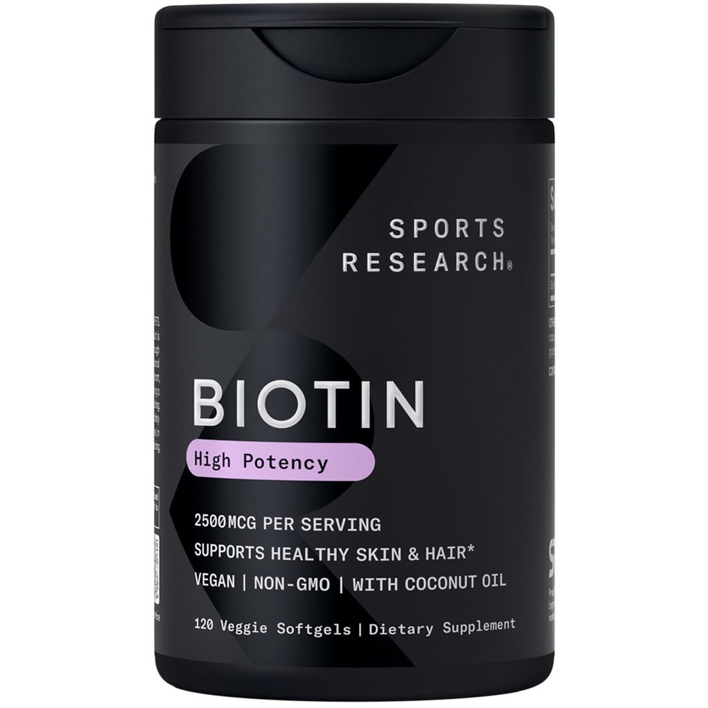 Sportonderzoek® Biotine 2.500mcg met biologische kokosolie - Biotine (Vitamine B7) voor gezonde huid- en haarondersteuning* - voor vrouwen en mannen - Veganistisch, non-GMO, glutenvrij - 120 Veggie Softgels