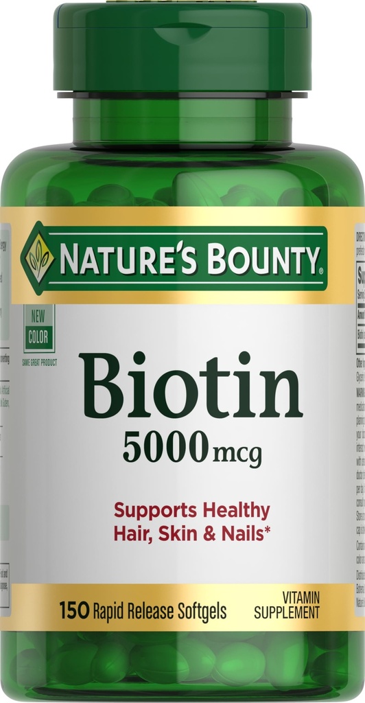 Nature's Bounty Biotin, Ondersteunt Metabolisme voor cellulaire energie en gezond haar, huid, en nagels, 5000 mcg, 150 Softgels