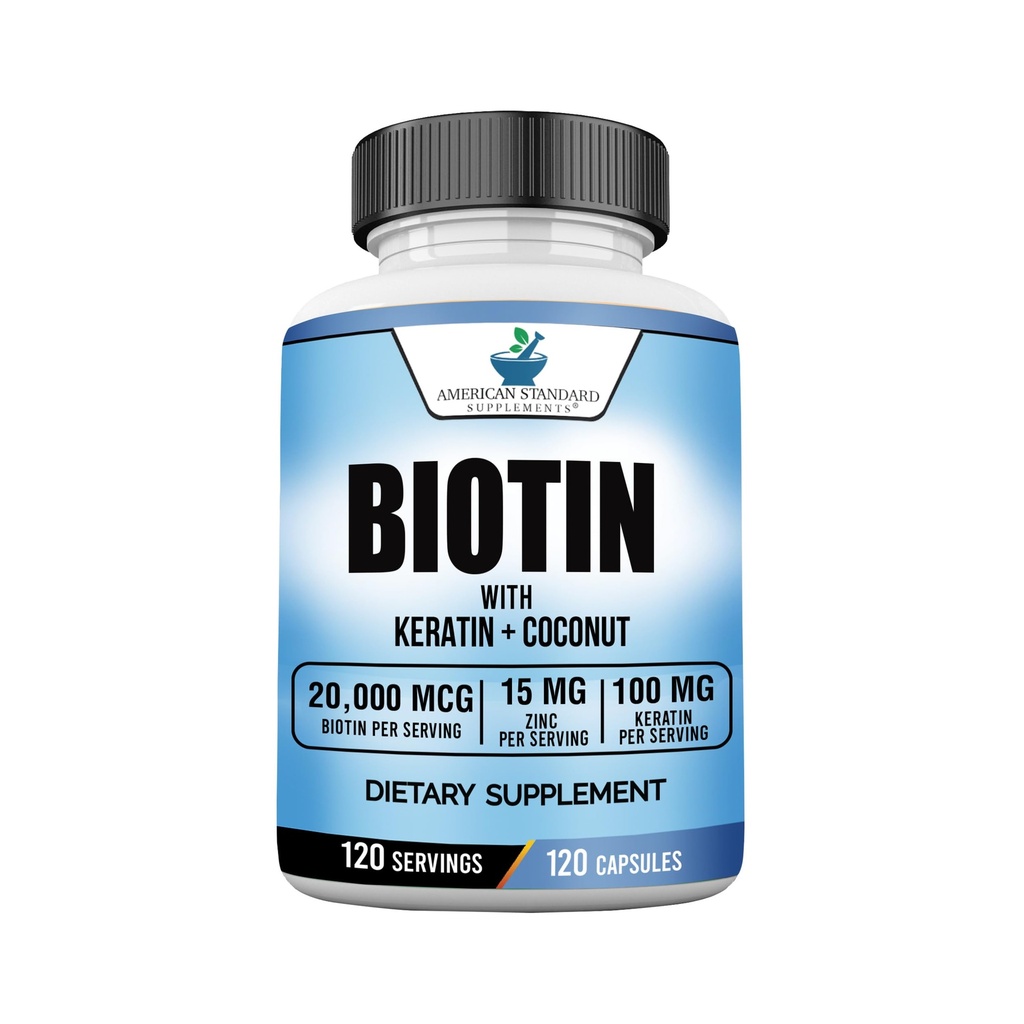 American Standard Supplements Biotin 20.000 mcg met Keratine, Kokospoeder en Zink, Biotin Supplement voor vrouwen en mannen,120 Veggie Capsules, 120 Day Supply