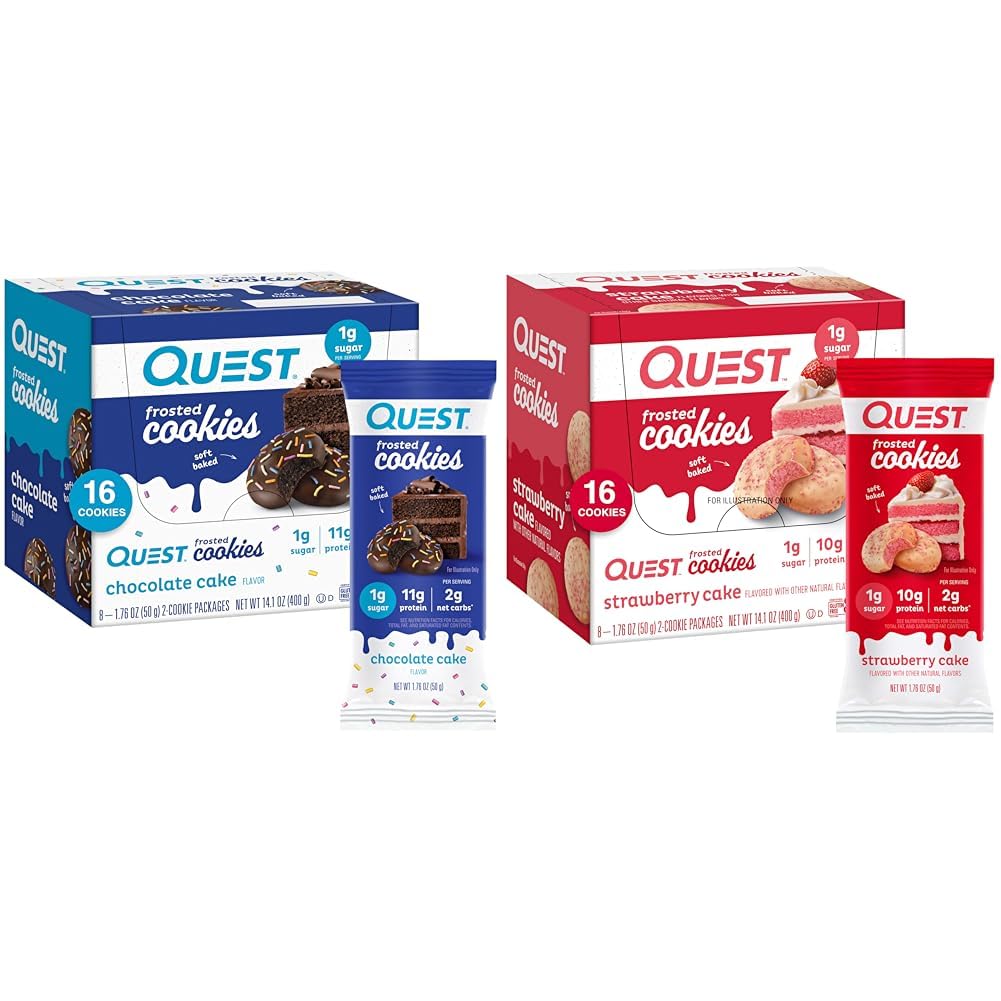 Quest Nutrition Frosted Cookies Twin Pack Bundle, Chocolate Cake 1g Sugar 11g Proteïne 2g Net Carbs en Aardbei Cake 1g Sugar 10g Proteïne 2g Net Carbs, Glutenvrij, 16 Cookies Elke