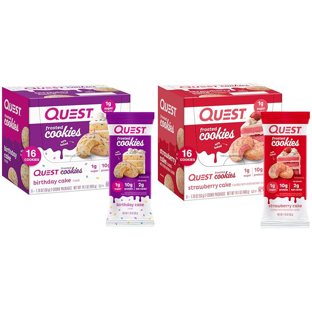 Quest Frosted Cookies Twin Pack met verjaardag Cake 1g Sugar 10g Proteïne 2g Net Carbs Glutenvrij 8 Tellen en Aardbei Cake 1g Suiker 10g Proteïne 2g Net Carbs Glutenvrij 16 Cookies