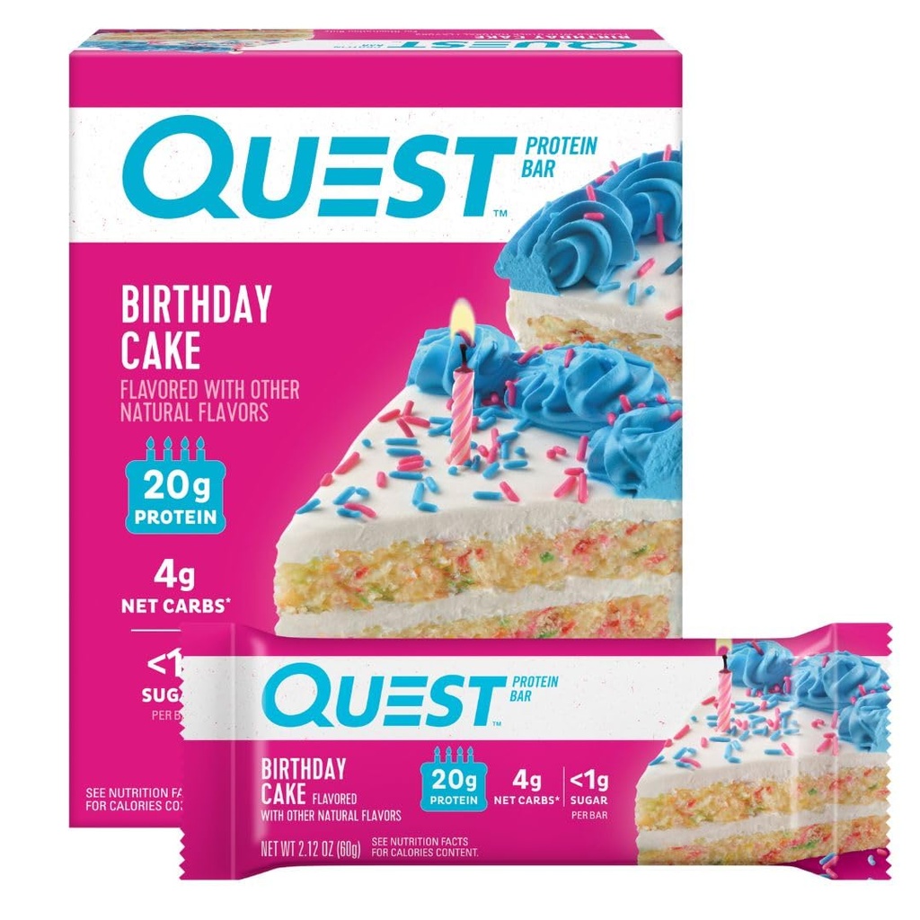 Quest Nutrition Birthday Cake Protein Bars, 20g Protein, 4g net Carbs, 1g Sugar, Gluten Free, Keto Friendly, 4 Count