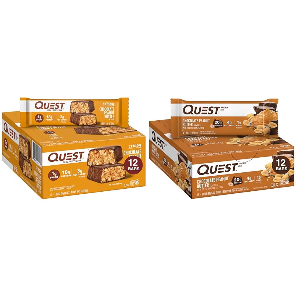 Quest Nutrition Crispy Chocolate Peanut Butter Hero Protein Bar, 18g Protein & Chocolate Peanut Butter Bars, High Protein, Low Carb, Gluten Free, Keto Friendly, 12 Count