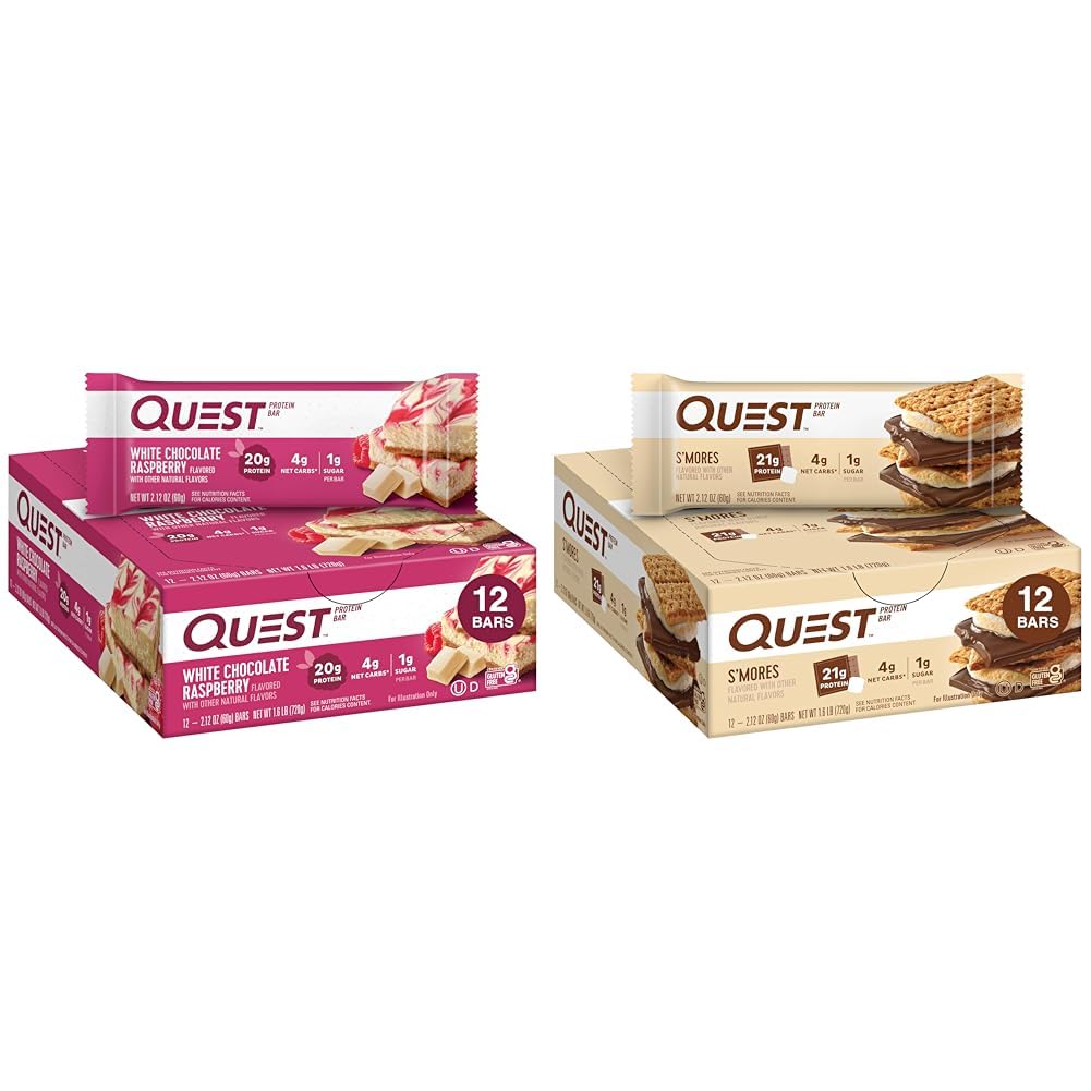 Quest Nutrition White Chocolate Raspberry Protein Bars, High Protein, Low Carb, Gluten Free, Keto Friendly, 12 Count & S'mores Protein Bar, High Protein, Low Carb, Gluten Free, Keto Friendly, 12 Count