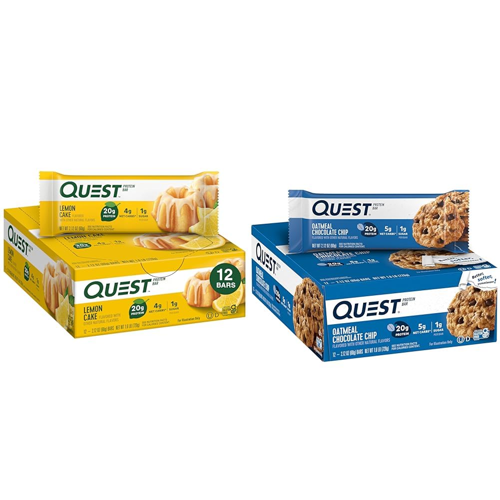Quest Lemon Cake (12 tellingen) en havermout Chocolade Chip (12 tellingen) Hoge proteïne Glutenvrije Bars