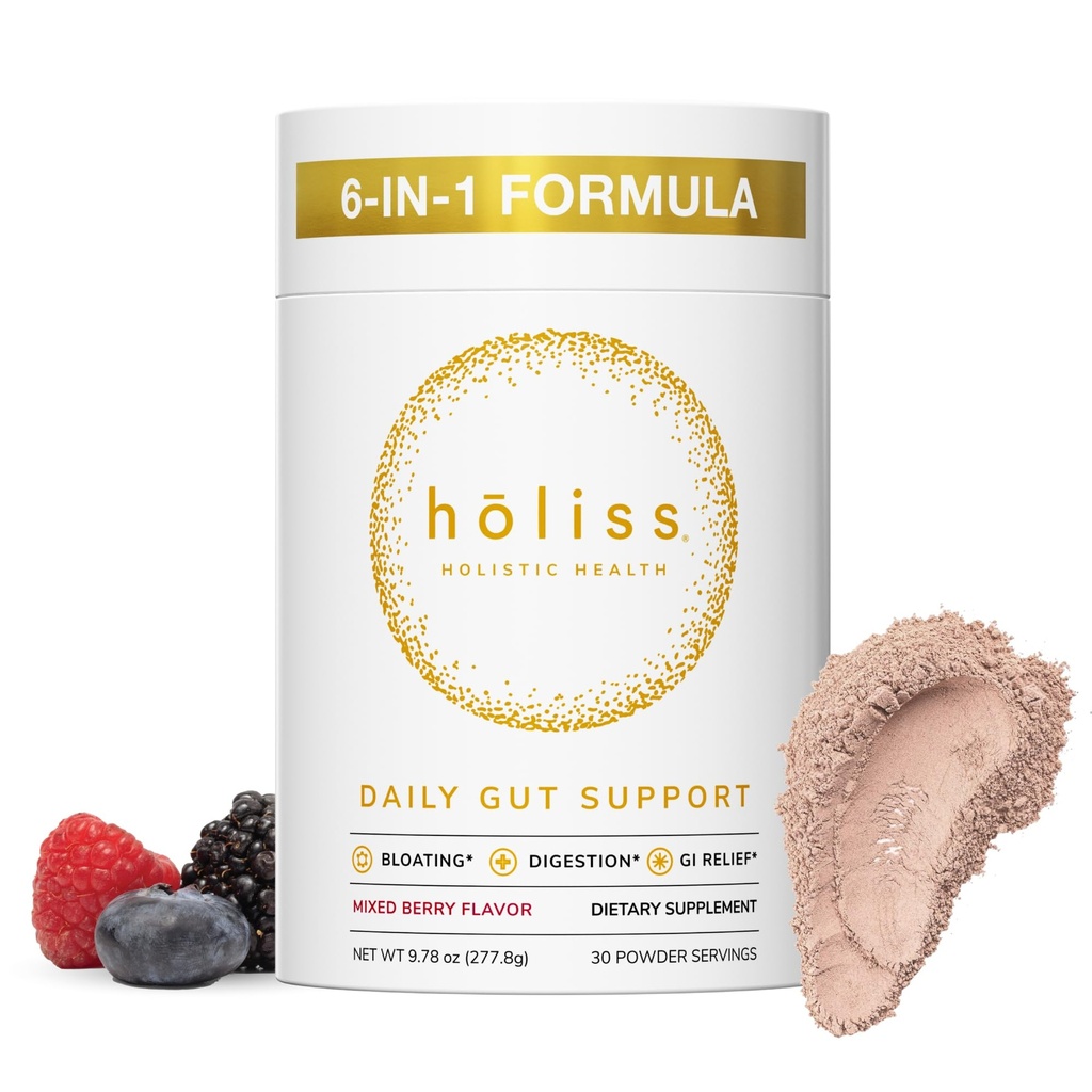 Dagelijks Gut Health Powder 6-in-1 All Natural Supplement, Slippery Elm, L Glutamine, citroenbalsem met PepZinGI - Bloat & Gas Relief, GI Lining Repair, IBS Support - gemengde Berry, 30 porties