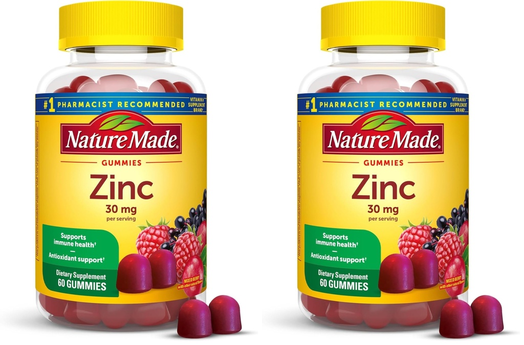 Nature Made Zink Supplementen 30 mg Per Serving, Dieetsupplement voor Immune Health en Antioxidant Ondersteuning, 60 Zink Gummies, 30 Day Supply, (pakket van 2)