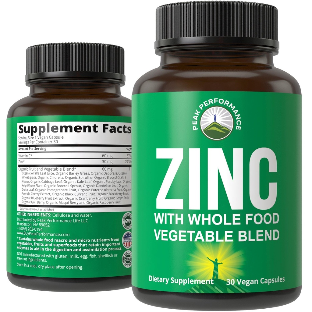 Vegan Zink Supplement met Vitamine C + Whole Food Blend van 25 Groenten en Fruiten voor Max Absorptie. Zinksupplementen 30 mg capsules, pillen, tabletten, vitamines voor volwassenen zowel mannen als vrouwen