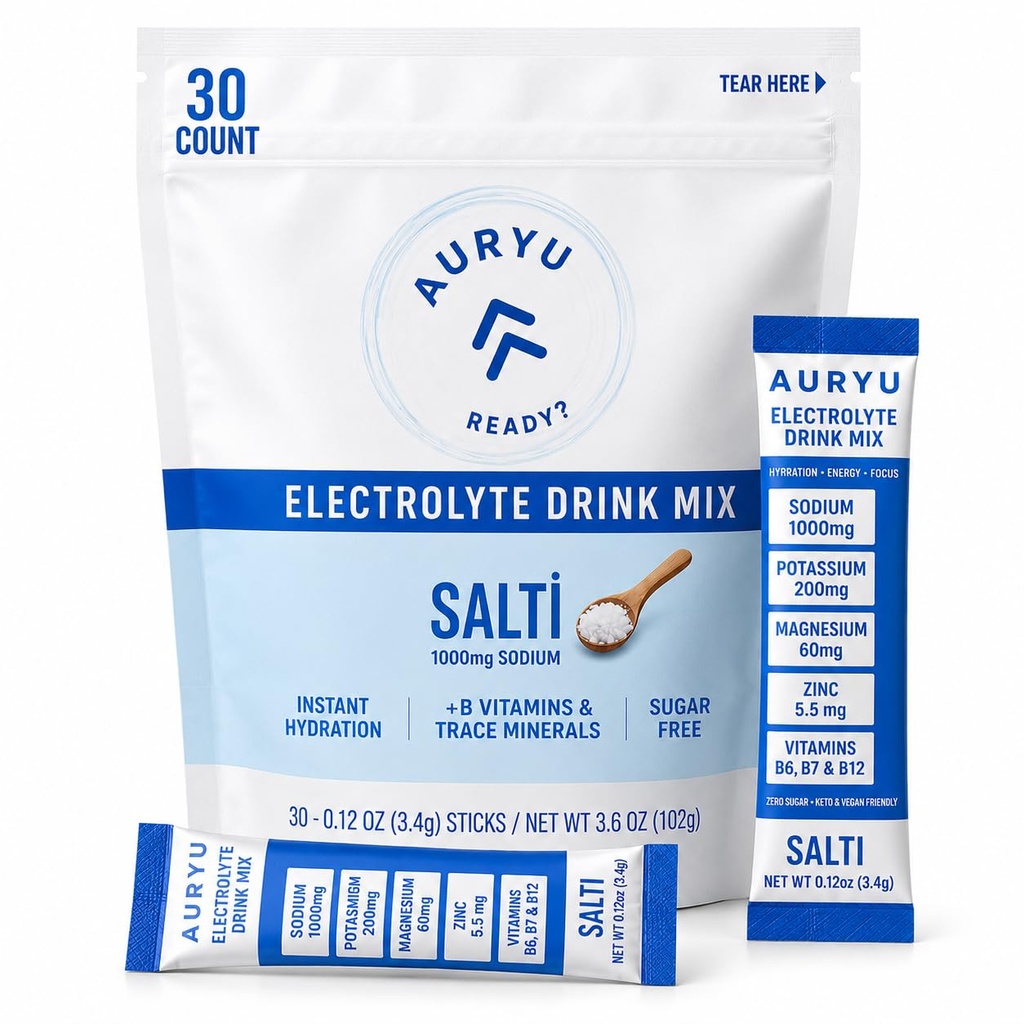 Salti Electrolyte Drinkmix Poeder Unflavored, 30 Stick Packs, 1000mg Natrium, B Vitaminen & Trace Mineralen, Zero Sugar, Keto & Vegan Friendly Hydration, 7.4oz