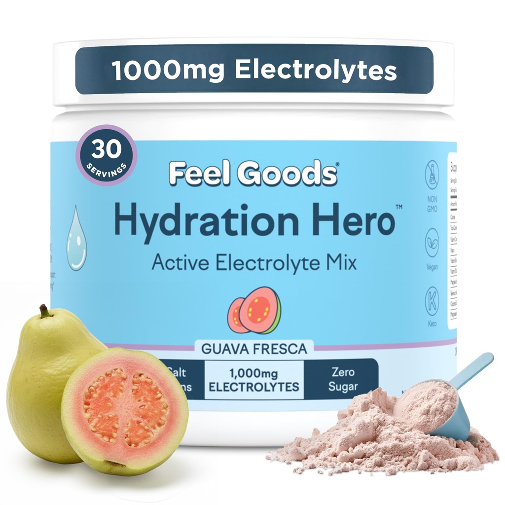 Feel Goods Hydration Hero, 1.000mg Electrolytes Poeder, Suikervrij, Magnesium, Biologische Aloë Vera, Biologische Aloë, L Theanine, Vitamine C & B12, Niet GGO, Keto, Veganist Guava Fresca, 30 porties