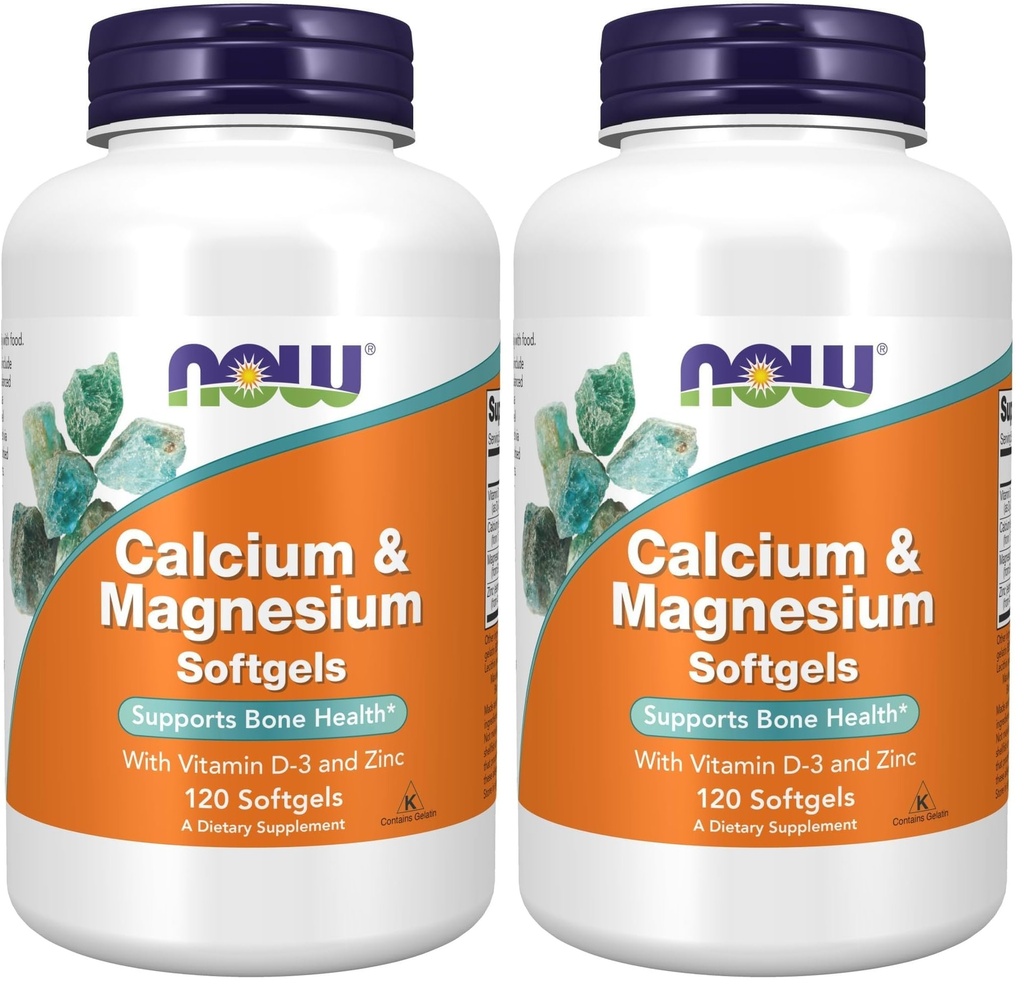 NOW Foods Supplementen, Calcium & Magnesium met Vitamine D-3 en Zink, ondersteunt Bone Health*, 120 Softgels, (pakket van 2)
