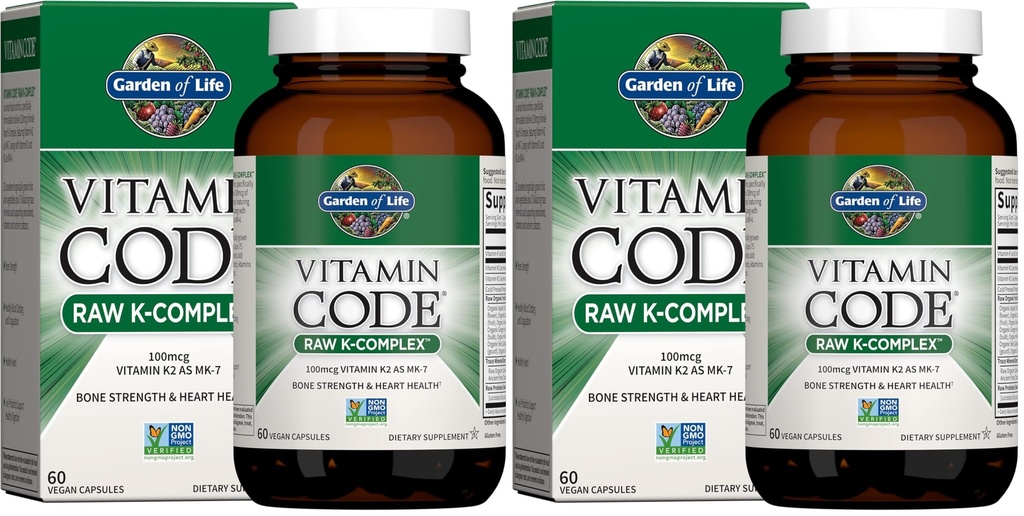 Tuin van het leven Vitamine K2 en K1, Vitamine Code Vegan K Complex voor bot sterkte en gezondheid van het hart, Omega Rijke Vlaszaadolie, sporenmineralen, Probiotica, 60 dagen levering, (pakket van 2)