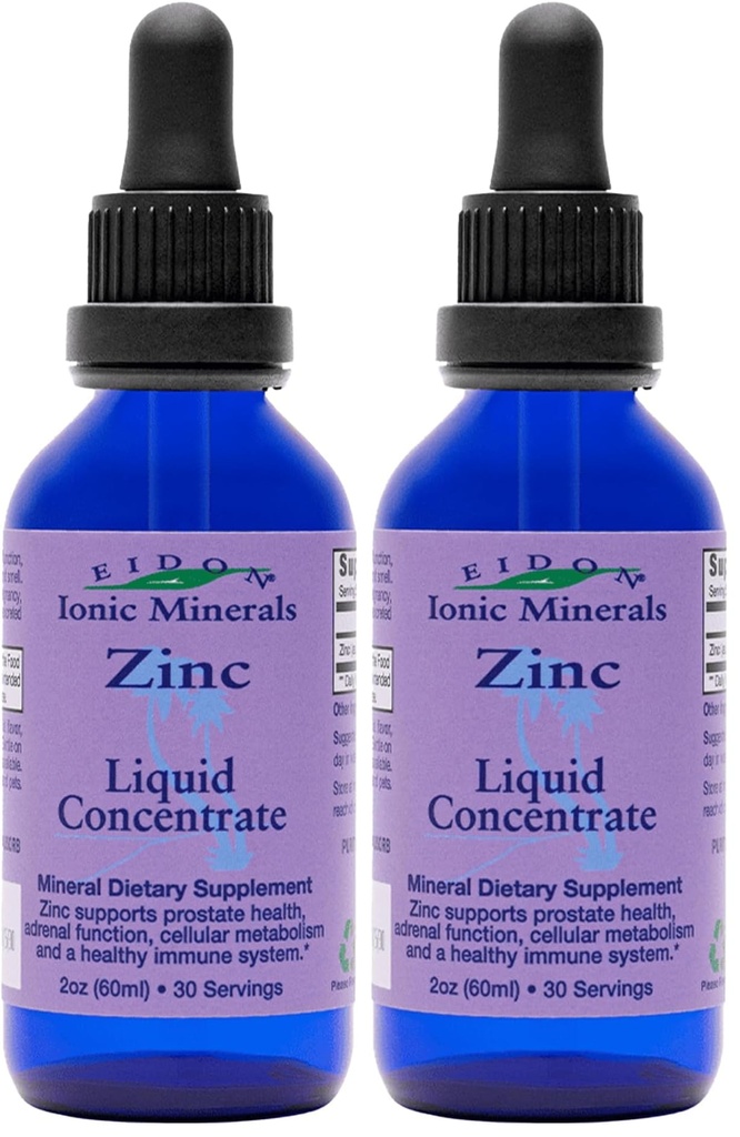 Eidon Ionische Mineralen Liquid Zink Concentraat - Ionische Zink Supplement Drops voor volwassenen en kinderen, ondersteuning van het immuunsysteem, haar en huid, lever en nier gezondheid, Verlicht stress - 2 oz (pakket van 2)